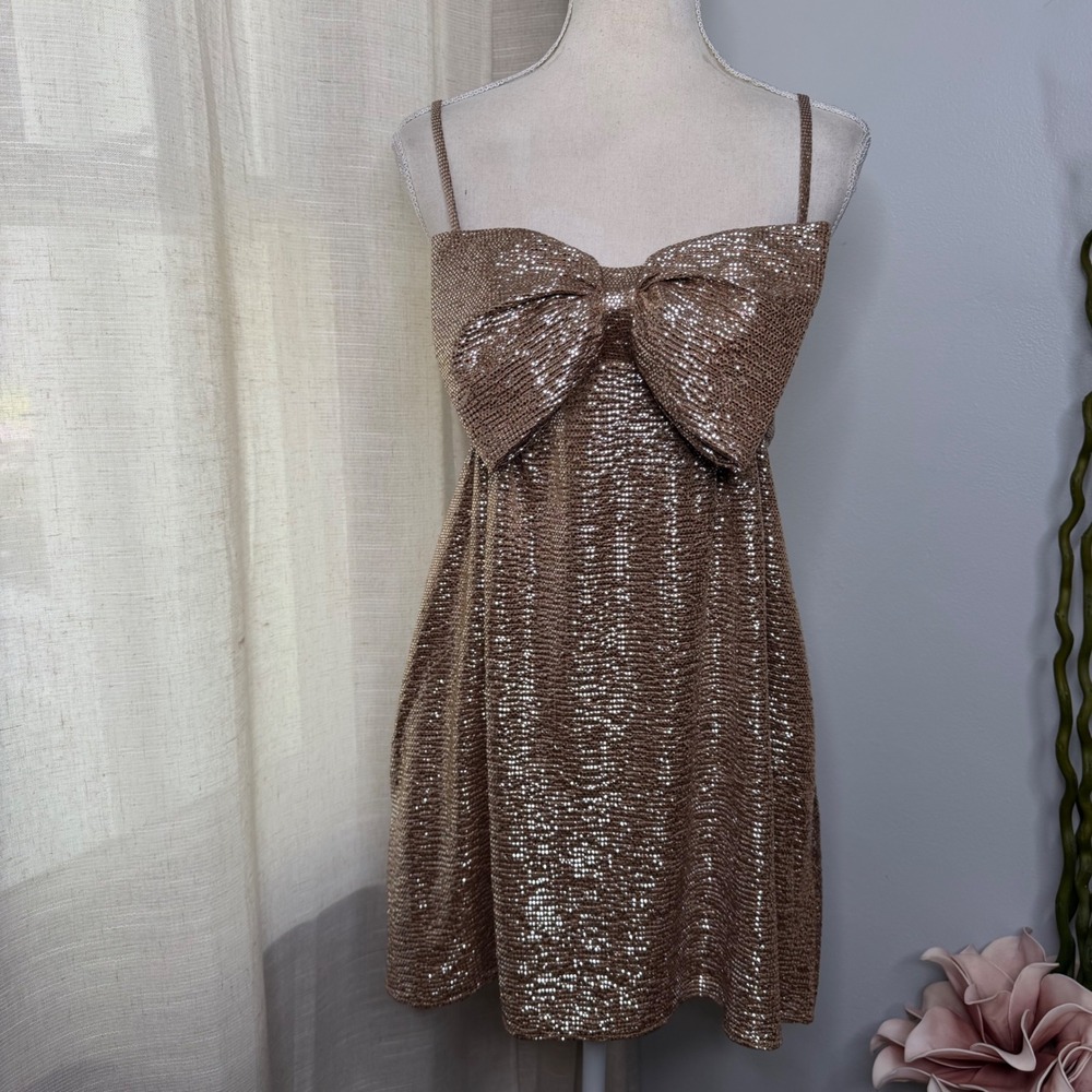 Excellent Show Me Your Mumu Best Bow Mini Dress Metallic Bronze Women's Size XS